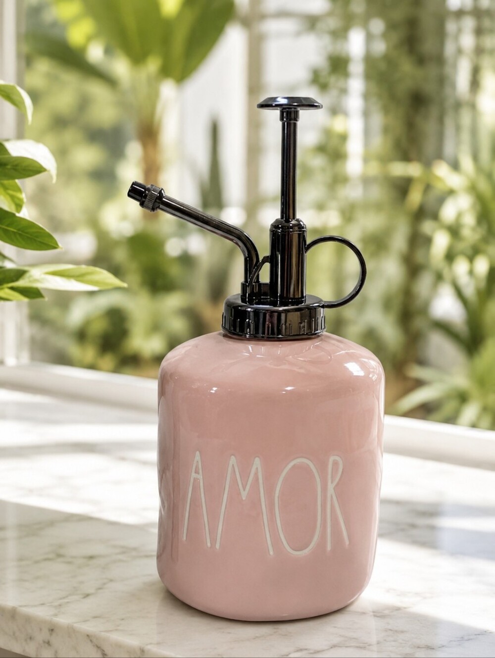 Rae Dunn AMOR Pink Ceramic Plant Mister Spray Bottle Watering Can 6.5"